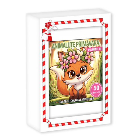 Martisoare in cutie - Martisor de colorat pentru copii, 50 de ilustratii format A6 in cutie cu tematica de primavara, model: Animalute Primavara - Volumul III