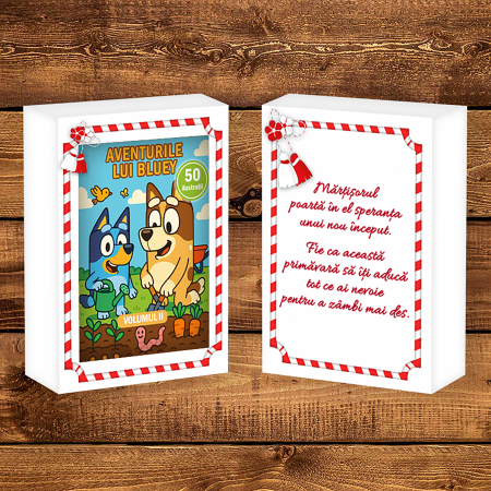 Martisor de colorat pentru copii, 50 de ilustratii format A6 in cutie cu tematica de primavara, model: Aventurile lui Bluey [1]