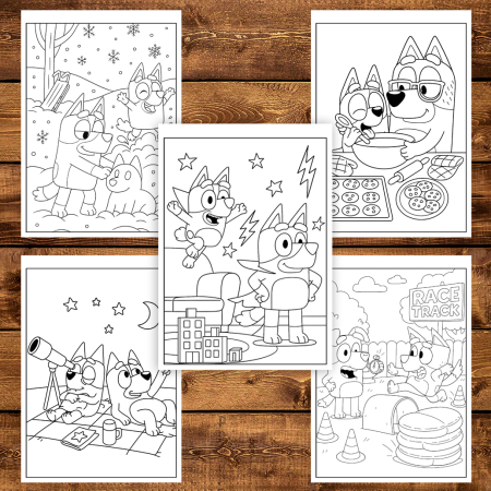 Martisor de colorat pentru copii, 50 de ilustratii format A6 in cutie cu tematica de primavara, model: Aventurile lui Bluey [2]