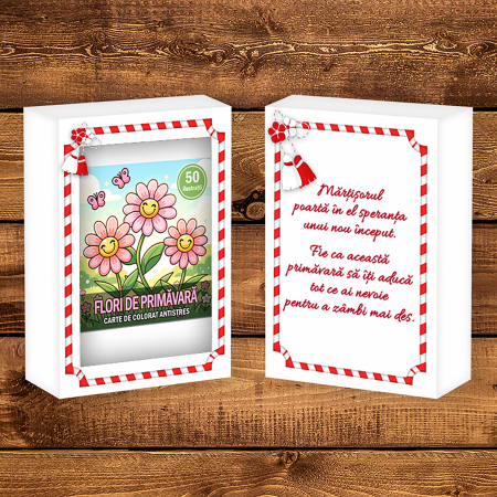 Martisor de colorat pentru copii, 50 de ilustratii format A6 in cutie cu tematica de primavara, model: Flori de Primavara [1]