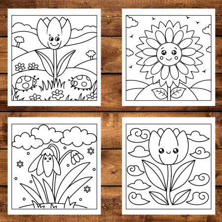 Martisor de colorat pentru copii, 50 de ilustratii format A6 in cutie cu tematica de primavara, model: Flori de Primavara [2]