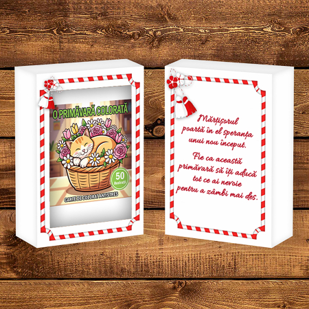 Martisor de colorat pentru copii, 50 de ilustratii format A6 in cutie cu tematica de primavara, model: O primavara colorata [1]