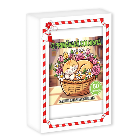 Martisoare in cutie - Martisor de colorat pentru copii, 50 de ilustratii format A6 in cutie cu tematica de primavara, model: O primavara colorata