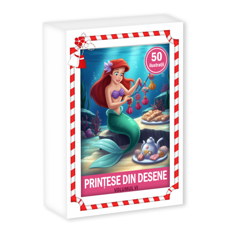 Martisoare in cutie - Martisor de colorat pentru copii, 50 de ilustratii format A6 in cutie cu tematica de primavara, model: Printese din Desene - Volumul VI