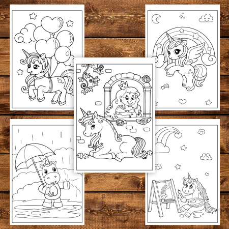 Martisor de colorat pentru copii, 50 de ilustratii format A6 in cutie cu tematica de primavara, model: Unicorni Magici [3]