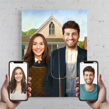 Portrete cupluri si familie - Portret personalizat - 2 persoane - Tablou American Gothic