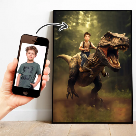 Portrete cu copii - Portret personalizat - Copil pe Dinozaur