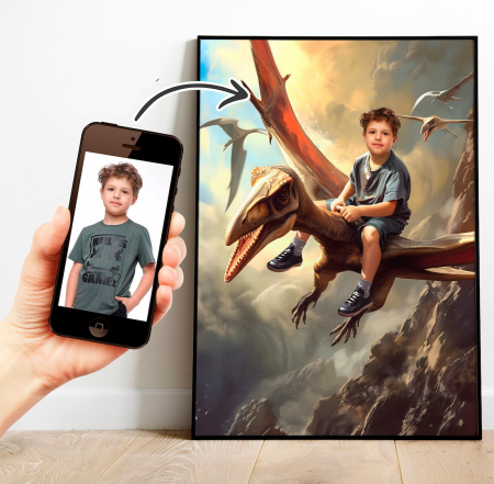 Portrete cu copii - Portret personalizat - Copil pe Pterodactyl