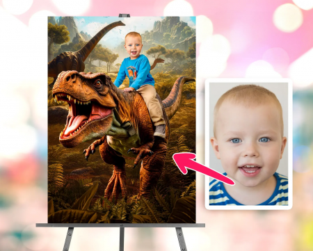 Portrete cu copii - Portret personalizat - Copil pe Dinozaur