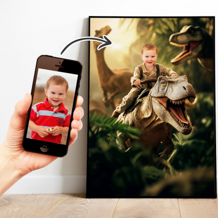 Portrete cu copii - Portret personalizat - Copil pe Dinozaur