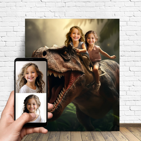 Portrete cu fete - Portret personalizat - Copii pe Dinozaur