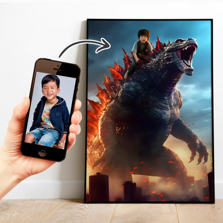 Portrete cu fete - Portret personalizat - Copil pe Godzilla