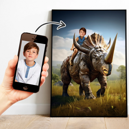 Portrete cu fete - Portret personalizat - Copil pe Triceratops