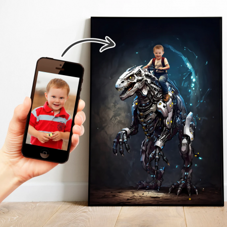 Portrete cu fete - Portret personalizat - Baiat pe Dinozaur Robot