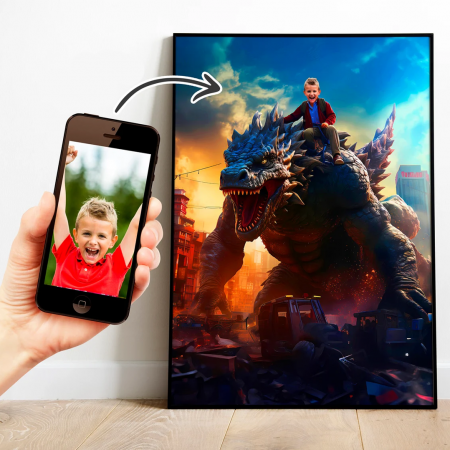 Portrete cu fete - Portret personalizat - Baiat pe Dinozaur