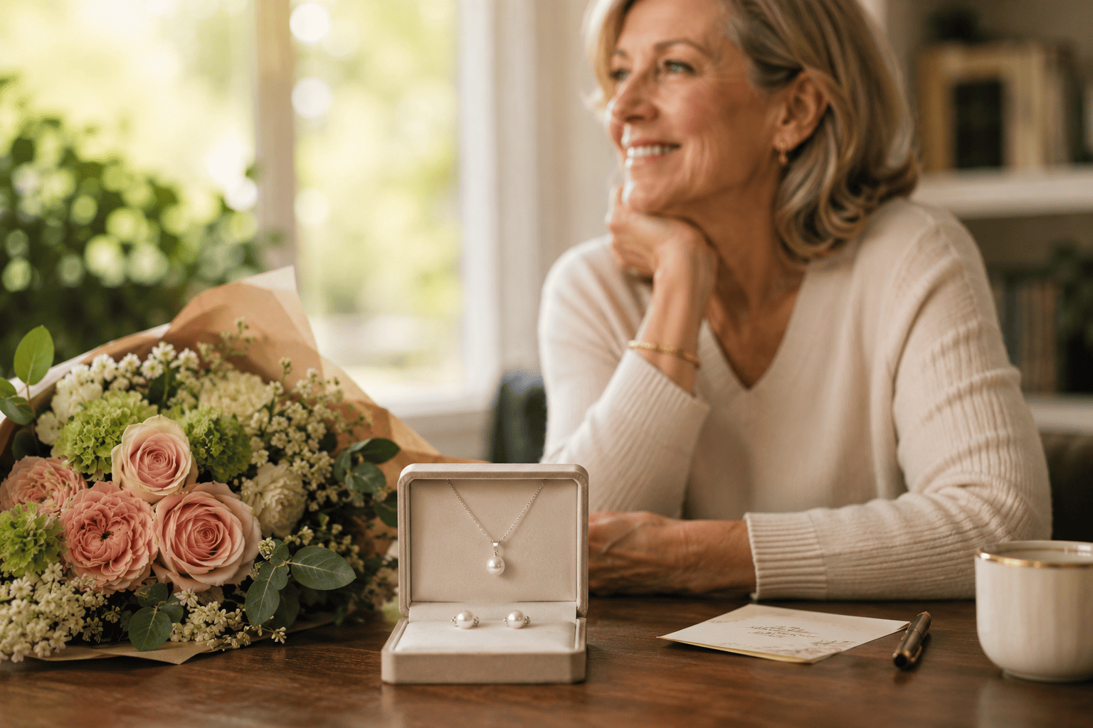 Femeie eleganta aflata la pensionare privind emotionata un cadou cu colier si cercei cu perle naturale, alaturi de flori si mesaj de apreciere