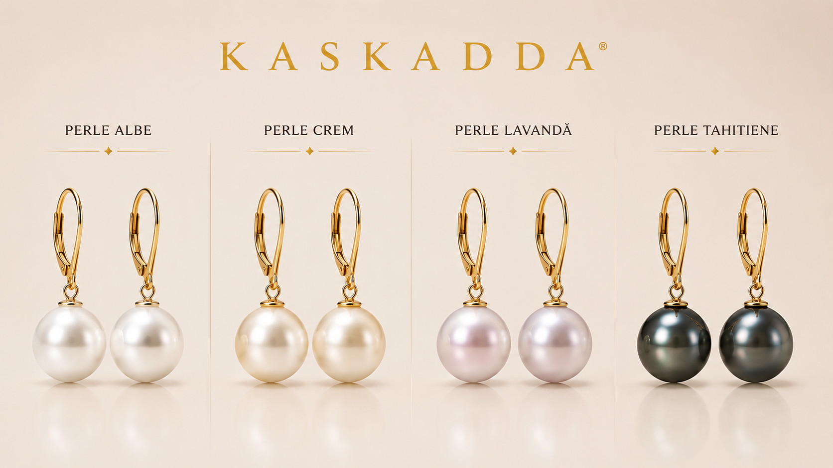 Comparație culori perle naturale pentru cercei – perle albe, crem, lavandă și Tahitiene | KASKADDA®