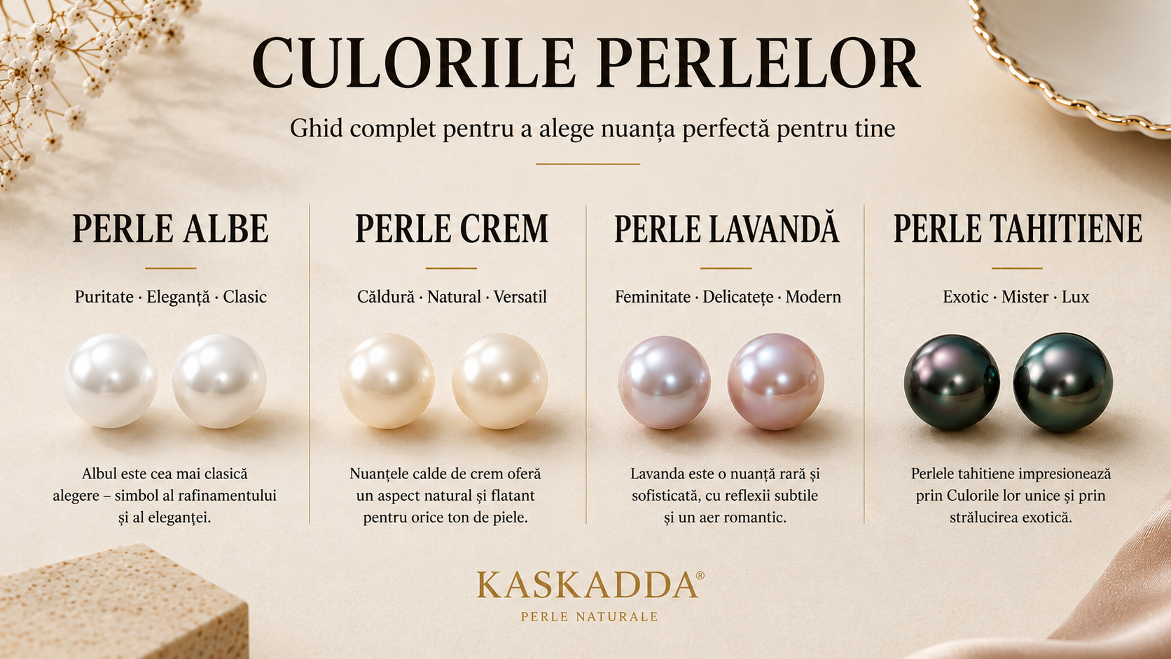 Comparație între perlele albe, crem, lavandă și tahitiene