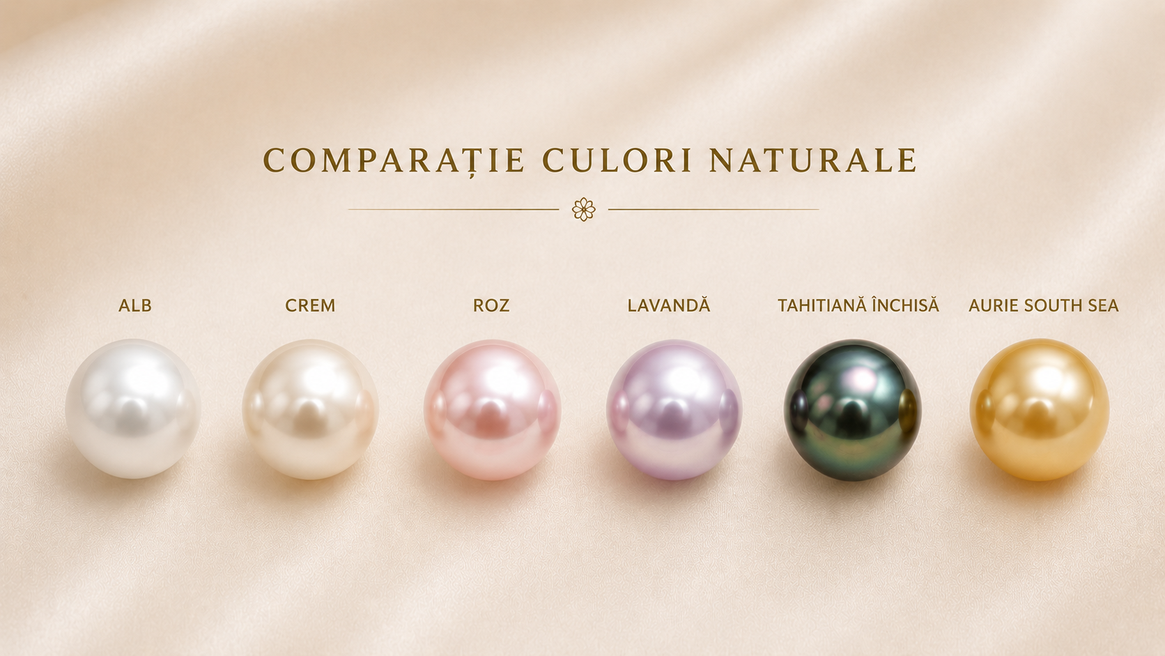 Comparație între culorile naturale ale perlelor: alb, crem, roz, lavandă, Tahitiană închisă și aurie South Sea | KASKADDA®