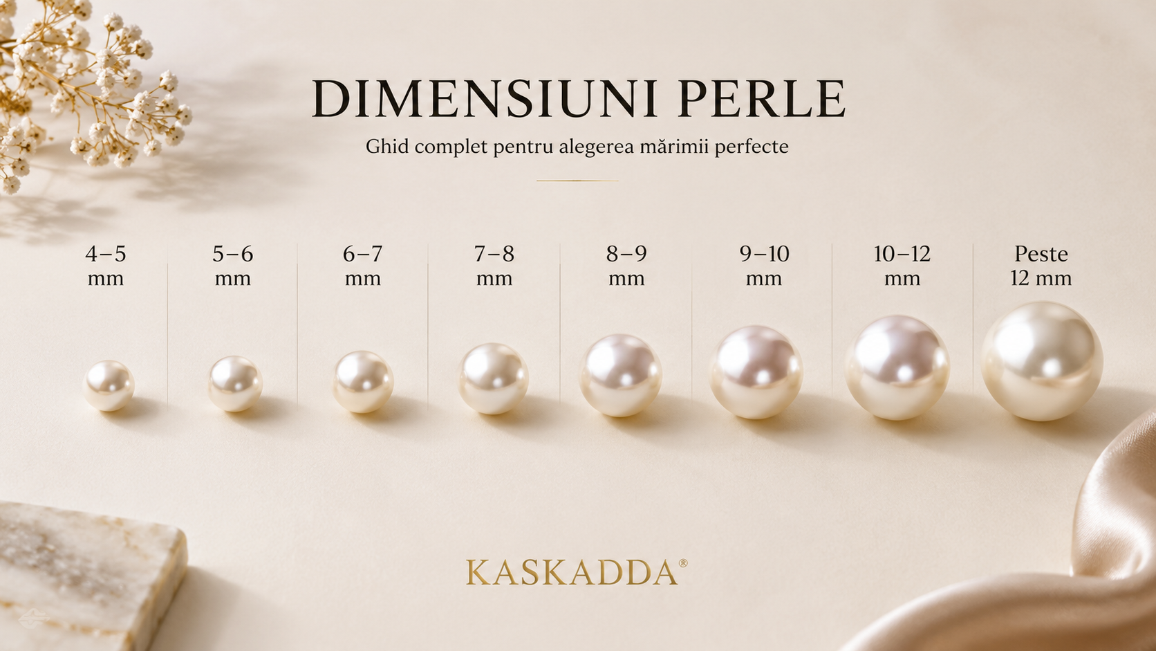 Comparație între dimensiunile perlelor naturale de la 4–5 mm până la peste 12 mm