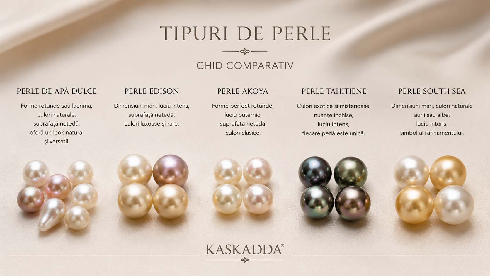 Comparație între perle de apă dulce, perle Edison, perle Akoya, perle Tahitiene și perle South Sea