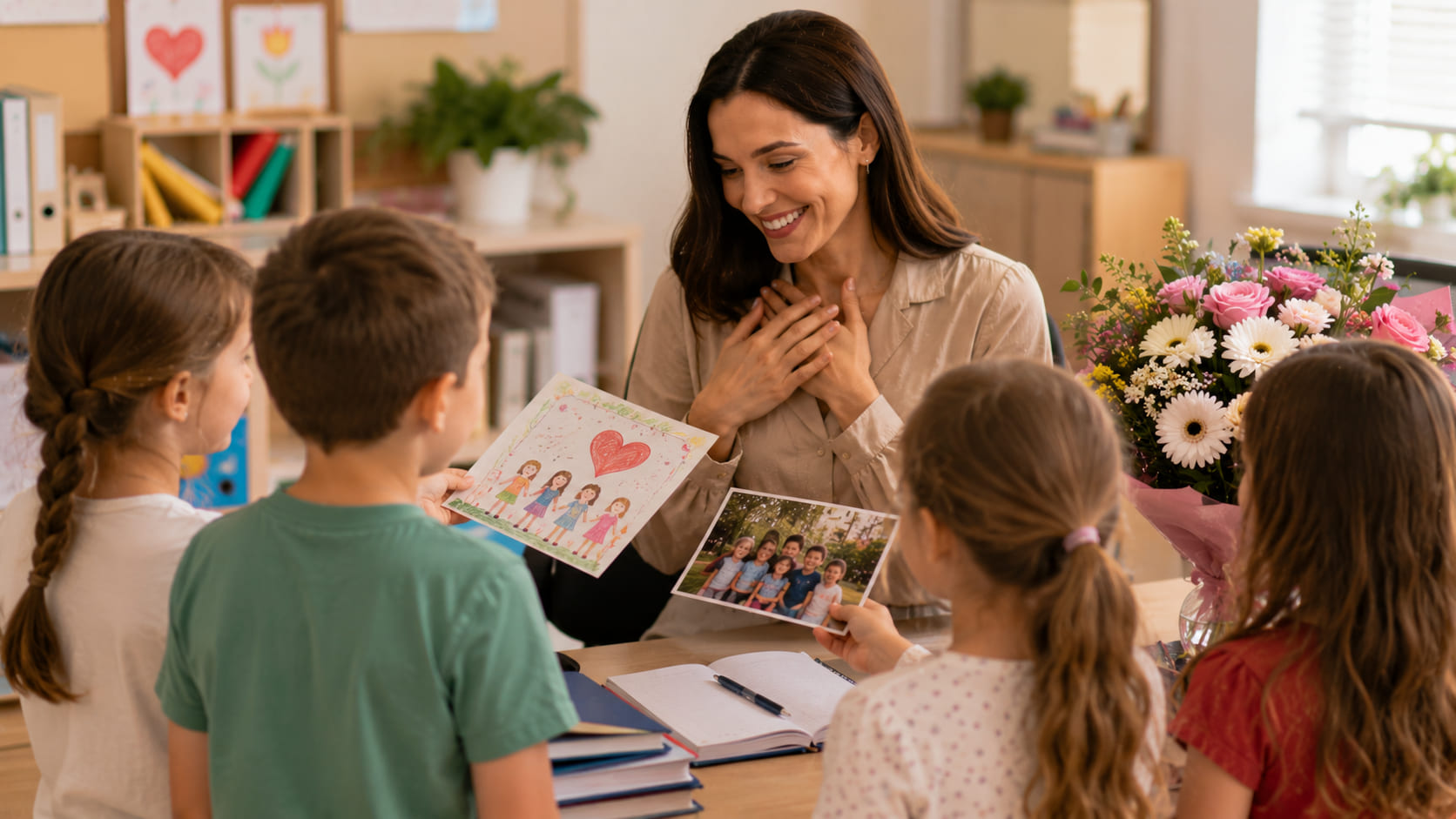 Educatoare emoționată primind fotografii și mesaje de apreciere din partea copiilor