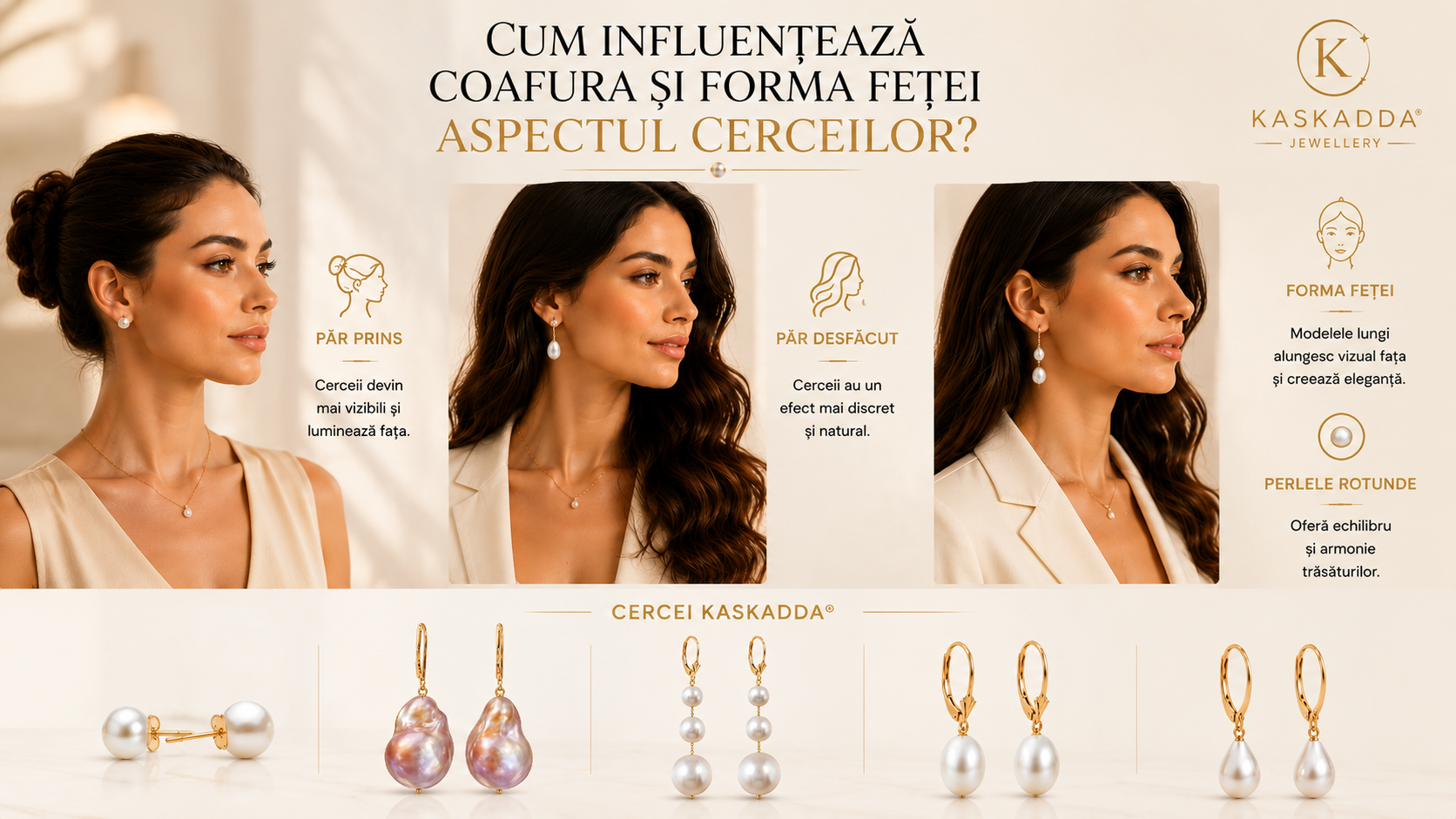 Cum influențează coafura și forma feței aspectul cerceilor cu perle naturale KASKADDA® – ghid vizual cu cercei din aur 14K și perle naturale de cultură