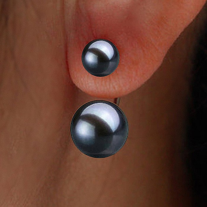 Cercei Perle Negre Double, Argint 925, Model 2 în 1  | KASKADDA® [2]