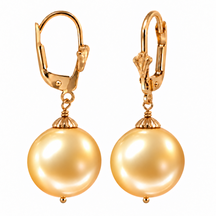 Cercei Perle South Sea Aurii de 12-13 mm, Calitate AAA si Aur Galben 14K, Perle Rare   KASKADDA