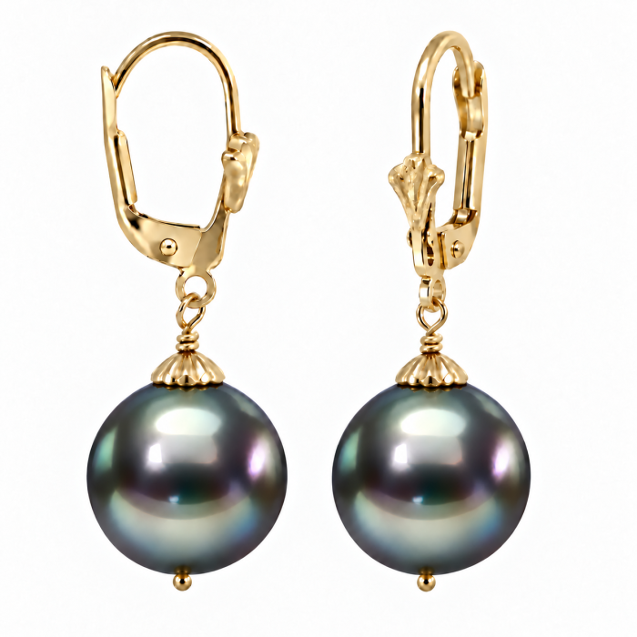 Cercei Perle Tahitiene de 9-10 mm si Aur Galben 14K, Forma Rotunda   KASKADDA