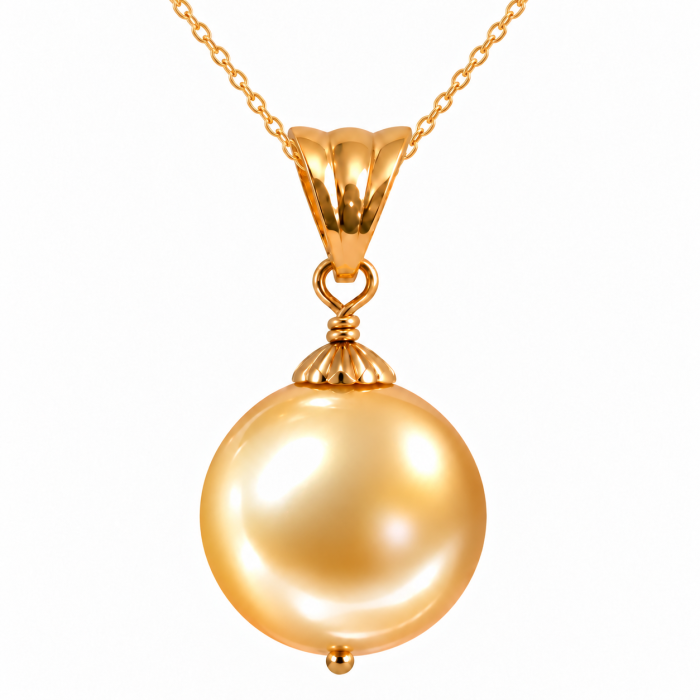 Colier cu Pandantiv si Perla South Sea Aurie de 10-11 mm, Calitate AAA si Aur Galben 14K, Perla Rara   KASKADDA