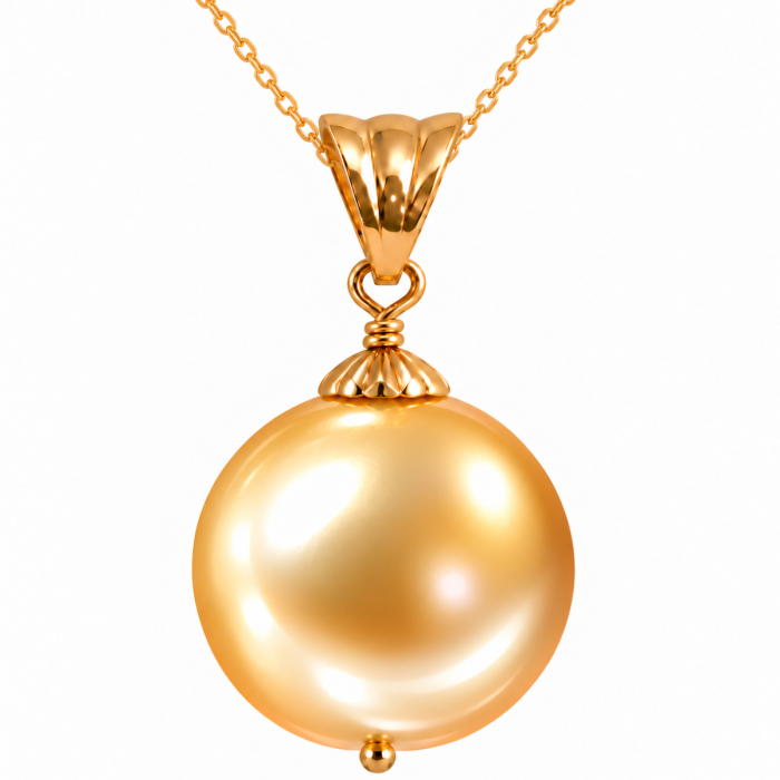 Colier cu Pandantiv si Perla South Sea Aurie de 13-13,5 mm, Calitate AAA si Aur Galben 14K, Perla Rara   KASKADDA