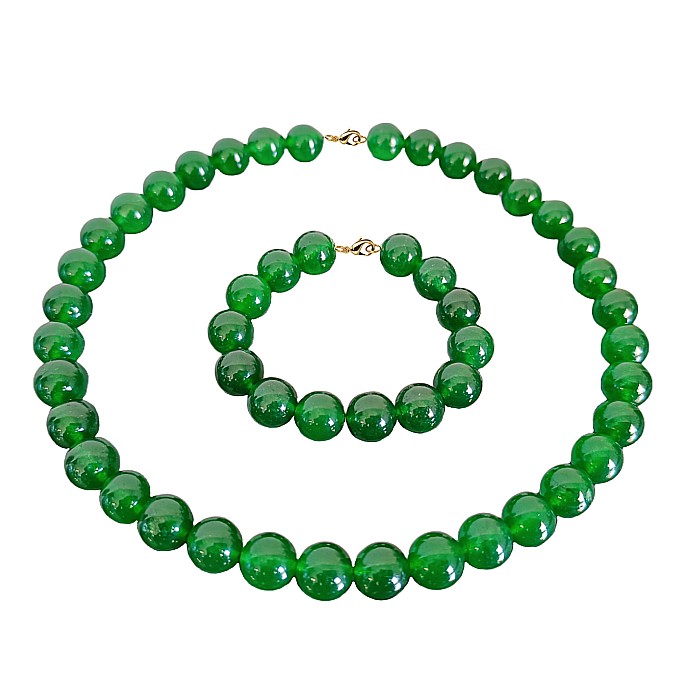 Set Colier si Bratara cu Jad Verde Malaezian de 12 mm si Inchizatori din Aur de 14 k [2]