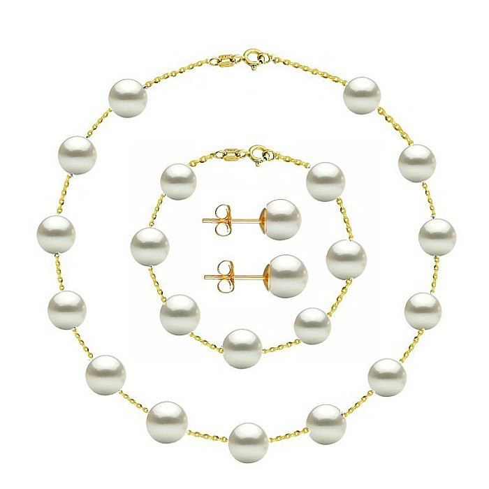 Set Perle Office, Albe, 8 mm – Colier, Brățară și Cercei, Aur Galben 14K | KASKADDA® [3]