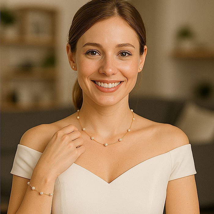 Set Perle Office, Albe, 8 mm – Colier, Brățară și Cercei, Aur Galben 14K | KASKADDA® [2]