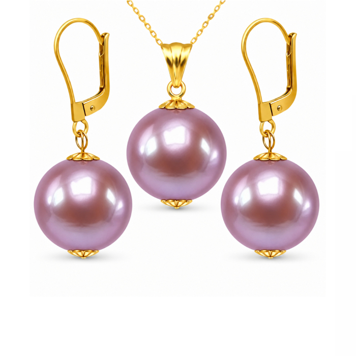 Set Perle Edison Lavanda AAA Rare - Colier si Cercei Aur Galben 14K, Perle Naturale 12,5-13 mm  KASKADDA