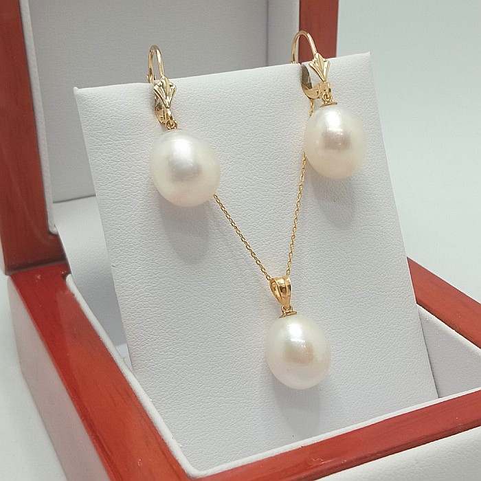 Set Aur Galben de 14k cu Perle Naturale Premium Albe, Rare, Forma Lacrima, de 12/9 mm | KASKADDA® [4]