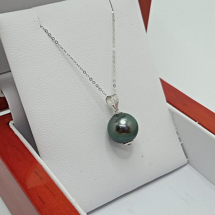 Set Perle Tahitiene – Colier cu Pandantiv și Cercei, Aur Alb 14K, Perle Rotunde 8-9 mm, Calitate AAA | KASKADDA® [6]