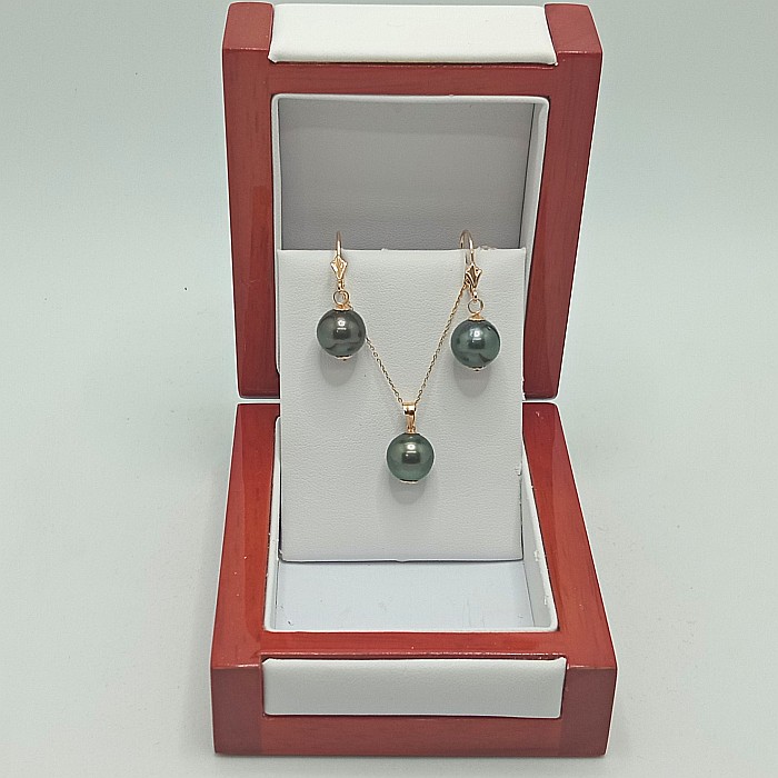 Set Perle Tahitiene – Colier cu Pandantiv și Cercei, Aur Galben 14K, Perle Rotunde 9-10 mm, Calitate AAA | KASKADDA® [3]