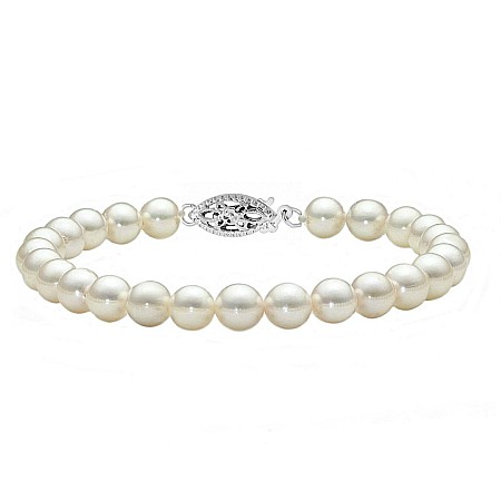 Brățări cu Perle - Brățară Perle Naturale Akoya Japoneze 7,5–8 mm si Închizătoare Aur Alb 14K Filigranată