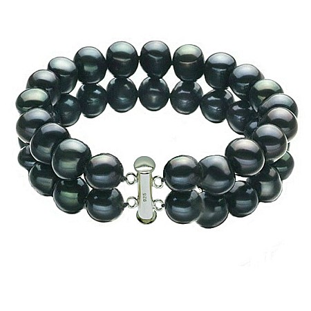 Bijuterii cu Perle Naturale - Brățară Perle – Brățară Dublă cu Perle Naturale Negre și Închizătoare din Argint 925