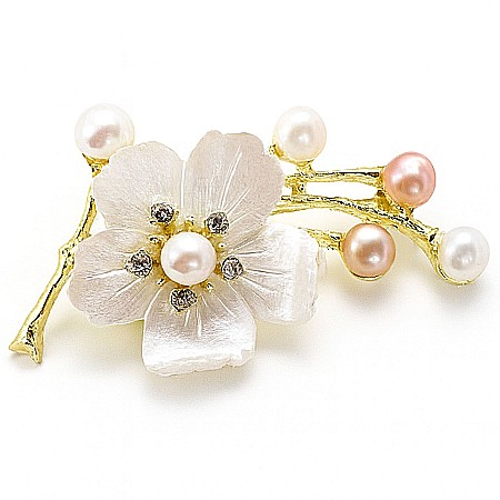 Bijuterii cu Perle Naturale - Broșa/Pandantiv Floare Albă cu Perle Naturale și Accente Aurii