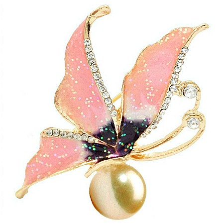 Brose cu Perle - Brosa Fluture Roz cu Perla Naturala Crem