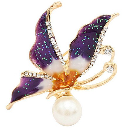 Brose cu Perle - Brosa Fluture Mov cu Perla Naturala Alba