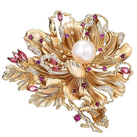 Brose cu Perle - Broșa Golden Blossom cu Perlă Naturală