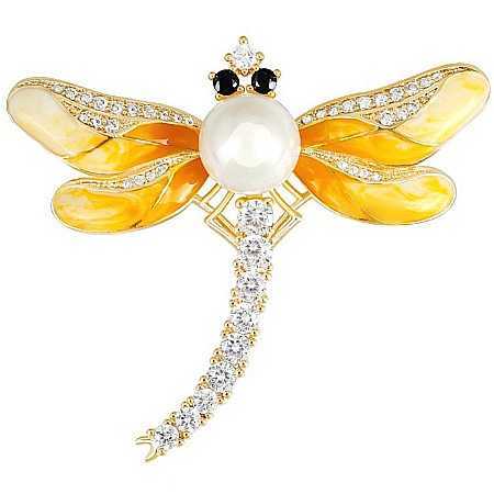 Brose cu Perle - Brosa Libelula Galbena cu Perla Naturala Alba si Zirconii
