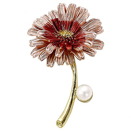 Brose cu Perle - Broșa Red Daisy cu Perlă Naturală