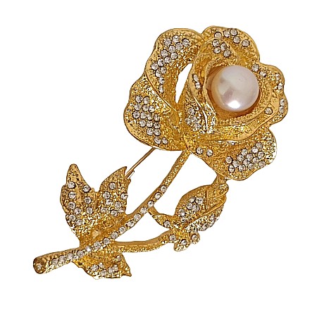 Brose cu Perle - Brosa Trandafir Auriu cu Perla Naturala Alba