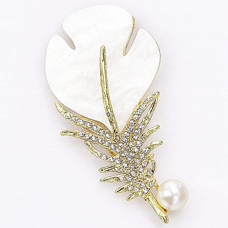 Brose cu Perle - Broșa White Feather cu Perlă Naturală Albă