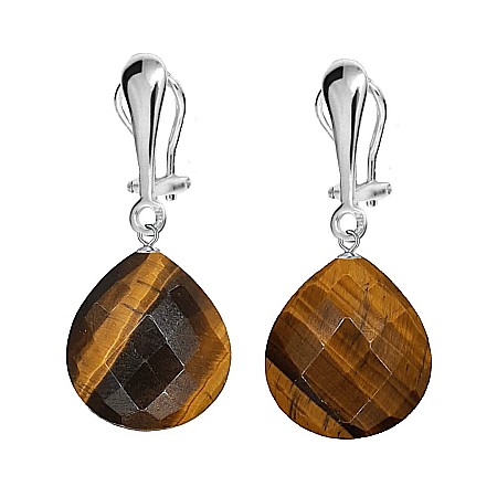 Ochi de Tigru - Cercei Argint, Tip Clips, cu Pietre Semipretioase Naturale de Ochi de Tigru Fatetat